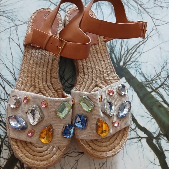 Tory Burch Jeweled Espadrille Platform Sandals — Tan & Natural - Picture 2 of 7